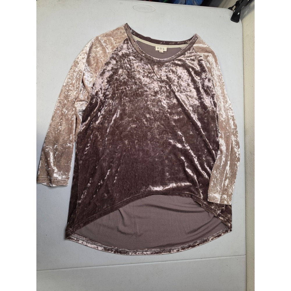 POL Women Brown Champagne Crushed Velvet High Low Tunic Top Large